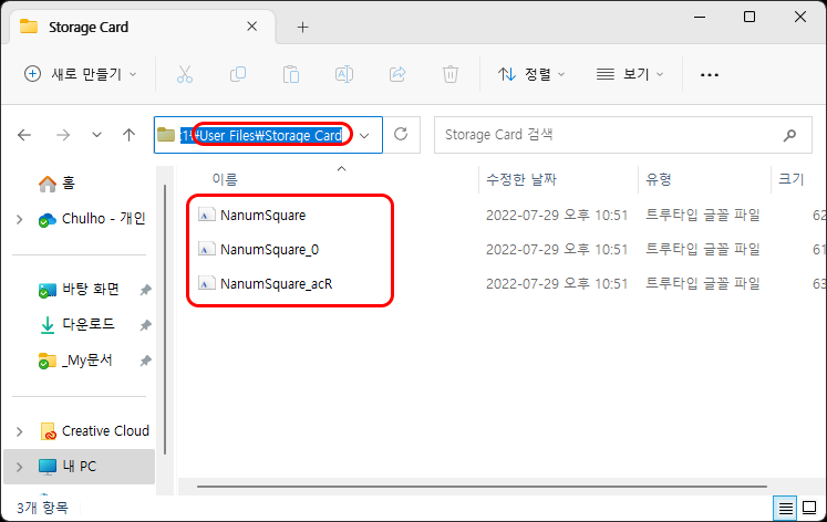 프로젝트 폴더 내부의 Storage Card 디렉터리를 보여주는 화면 